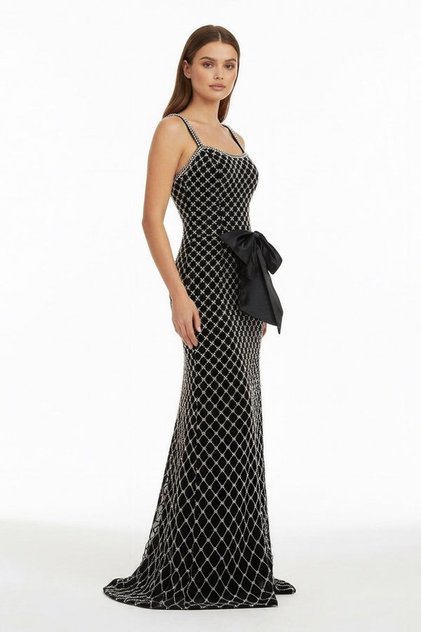 Mirielle | Black - Spaghetti Straps Sheath Satin Beaded Formal Prom Dresses With Bowknot - KissProm