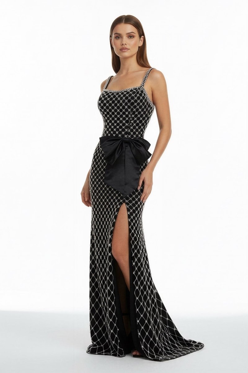 Mirielle | Black - Spaghetti Straps Sheath Satin Beaded Formal Prom Dresses With Bowknot - KissProm