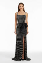 Mirielle | Black - Spaghetti Straps Sheath Satin Beaded Formal Prom Dresses With Bowknot - KissProm