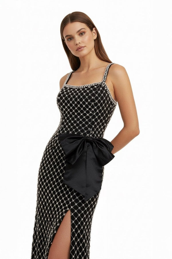 Mirielle | Black - Spaghetti Straps Sheath Satin Beaded Formal Prom Dresses With Bowknot - KissProm