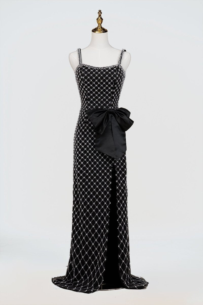 Mirielle | Black - Spaghetti Straps Sheath Satin Beaded Formal Prom Dresses With Bowknot - KissProm