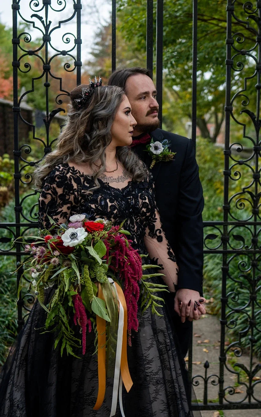 Modern Gothic Boho Lace Black Wedding Dress Vintage Unique A-Line Long Sleeve Bridal Gown with Court Train, Black / 2