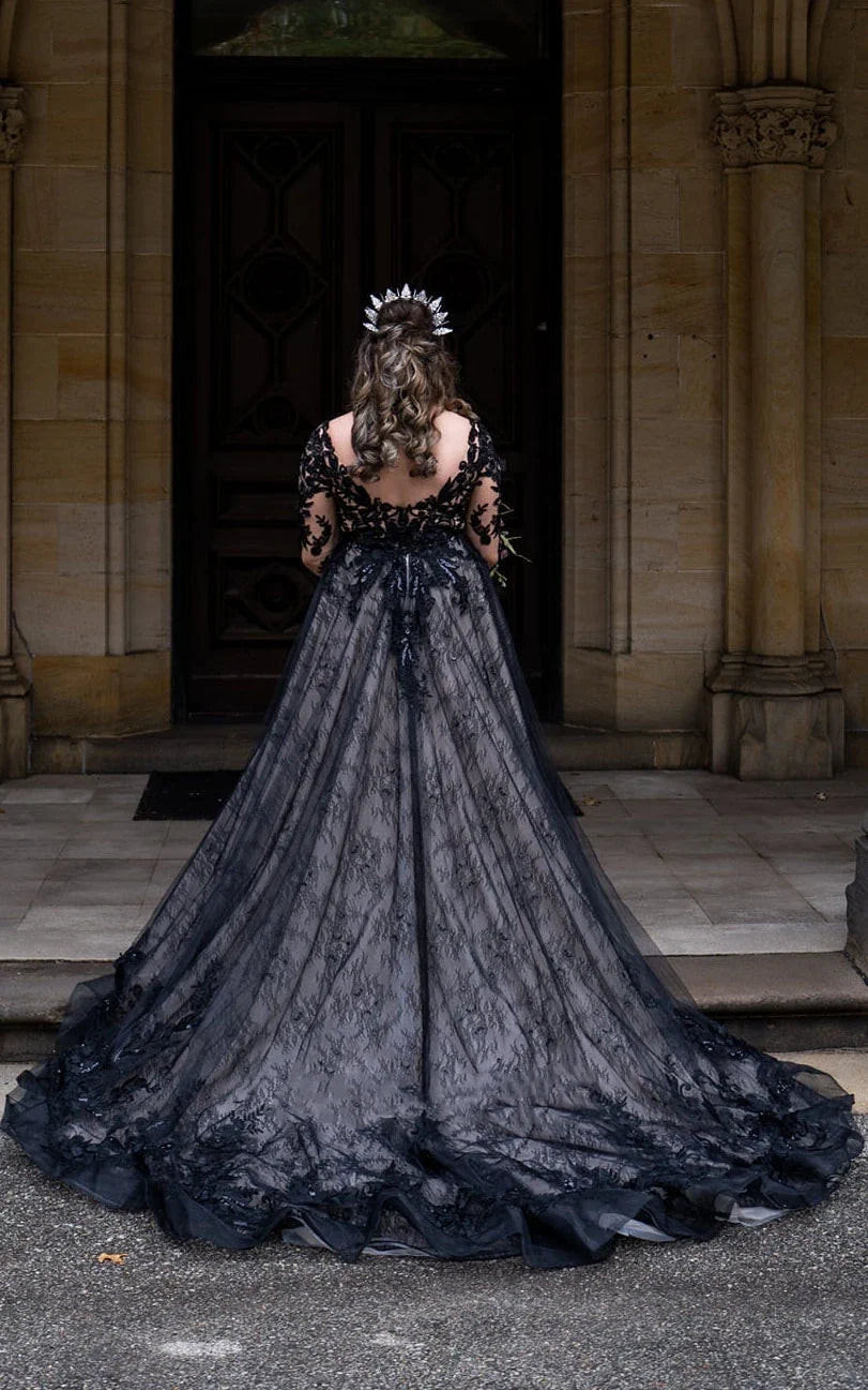 Black V-Neck Long Sleeves Lace Appliqued Wedding Dress in Black, Black / 2 Black V-Neck Long Sleeves Lace Appliqued Wedding Dress in Black, Black / 2