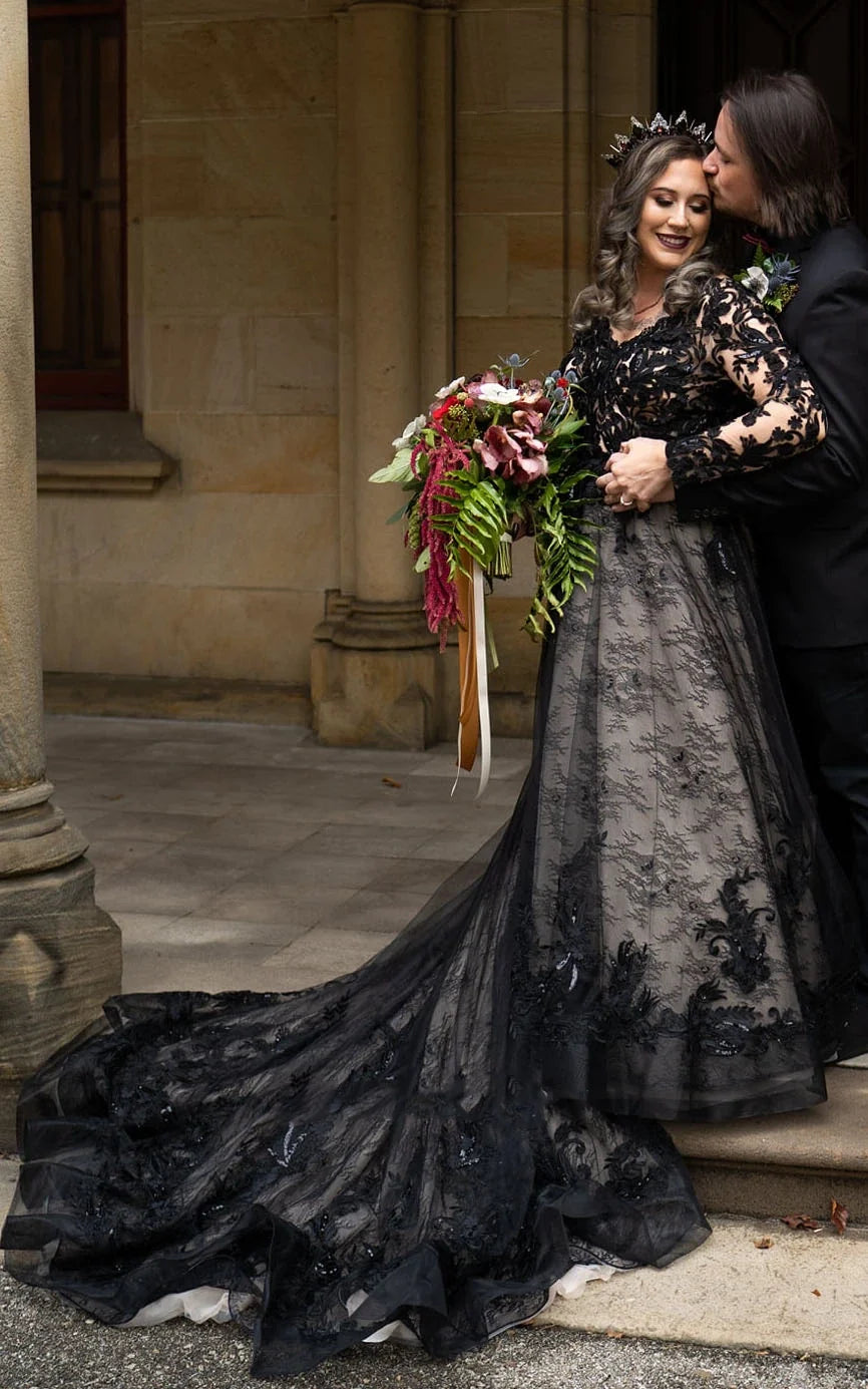 black long sleeve wedding dresses Black Lace Sheer Plunging Mermaid Bridal Dress Black main image 0