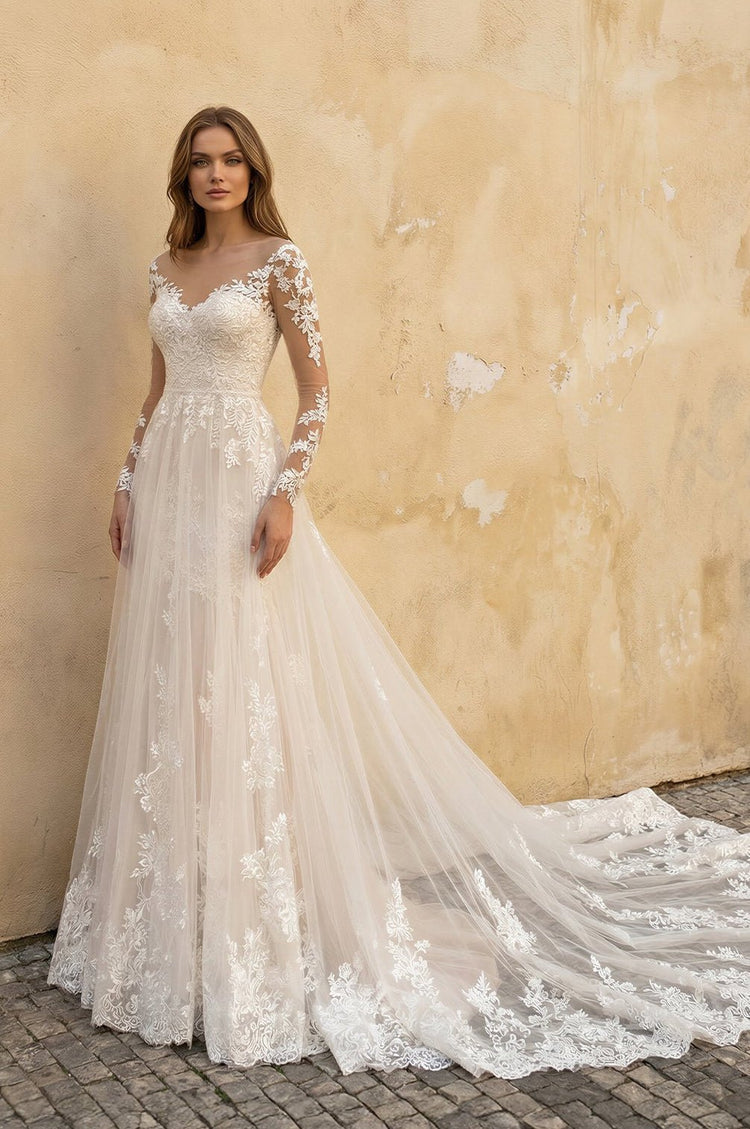 modern long sleeve wedding dresses KissProm Sleeves Lace Ivory Dresses, Diamond White / 0 Holiday 2025 in our California atelier Dearly Embroidered Mini Dress Color:Ivory gown with Ivory Illusion