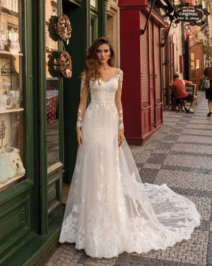 Modern Long Sleeves Mermaid Lace Ivory Wedding Dresses– Wedding Dresses by KissProm | Available at KissProm