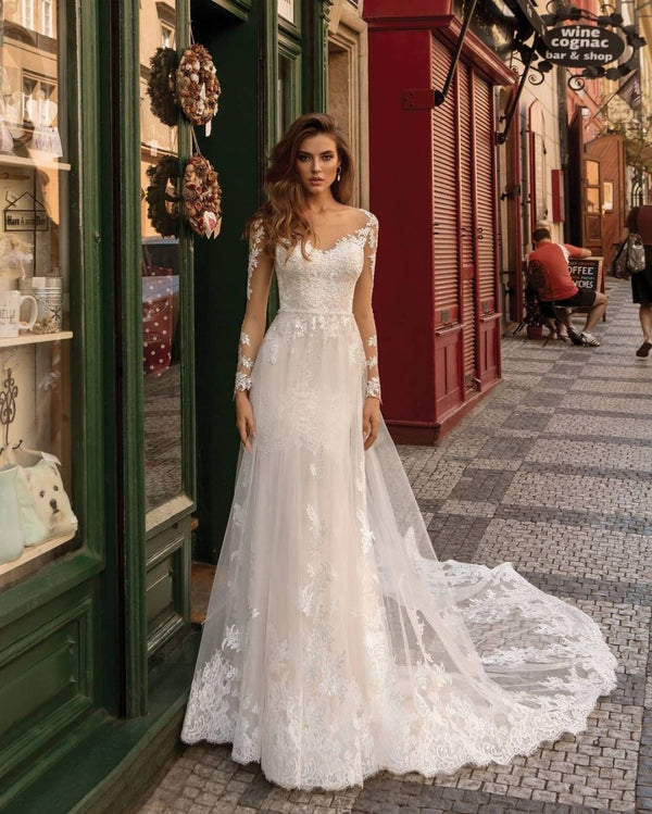 Modern Long Sleeves Mermaid Lace Ivory Wedding Dresses– Wedding Dresses by KissProm | Available at KissProm