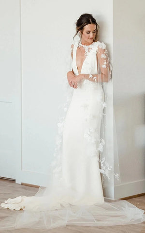 Modern Sheath V-Neck Satin Sweep Train Wedding Dress, Diamond White / 8