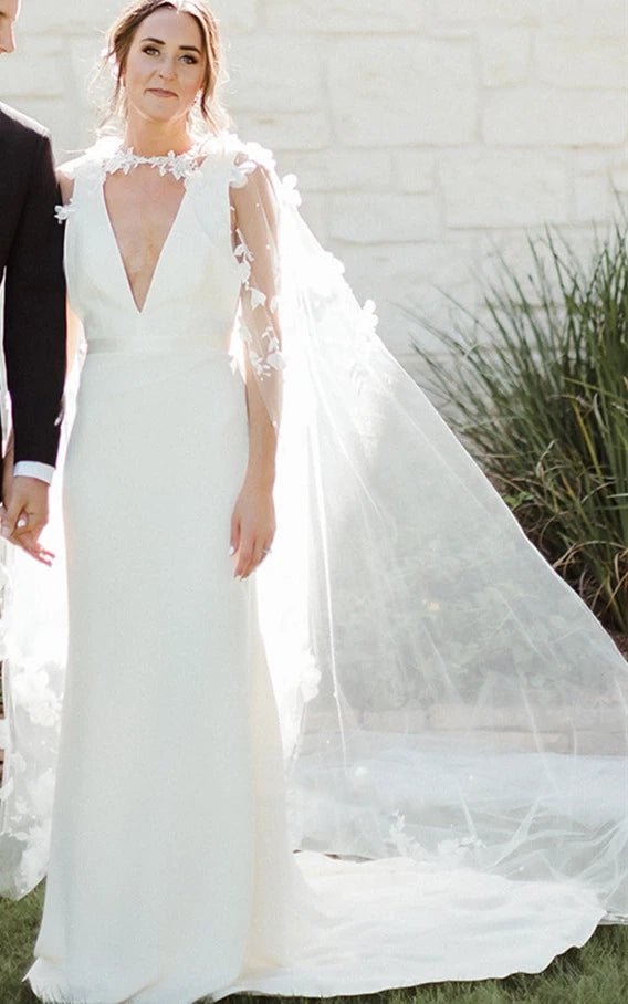 Modern Sheath V-neck Satin Sweep Train Wedding Dress