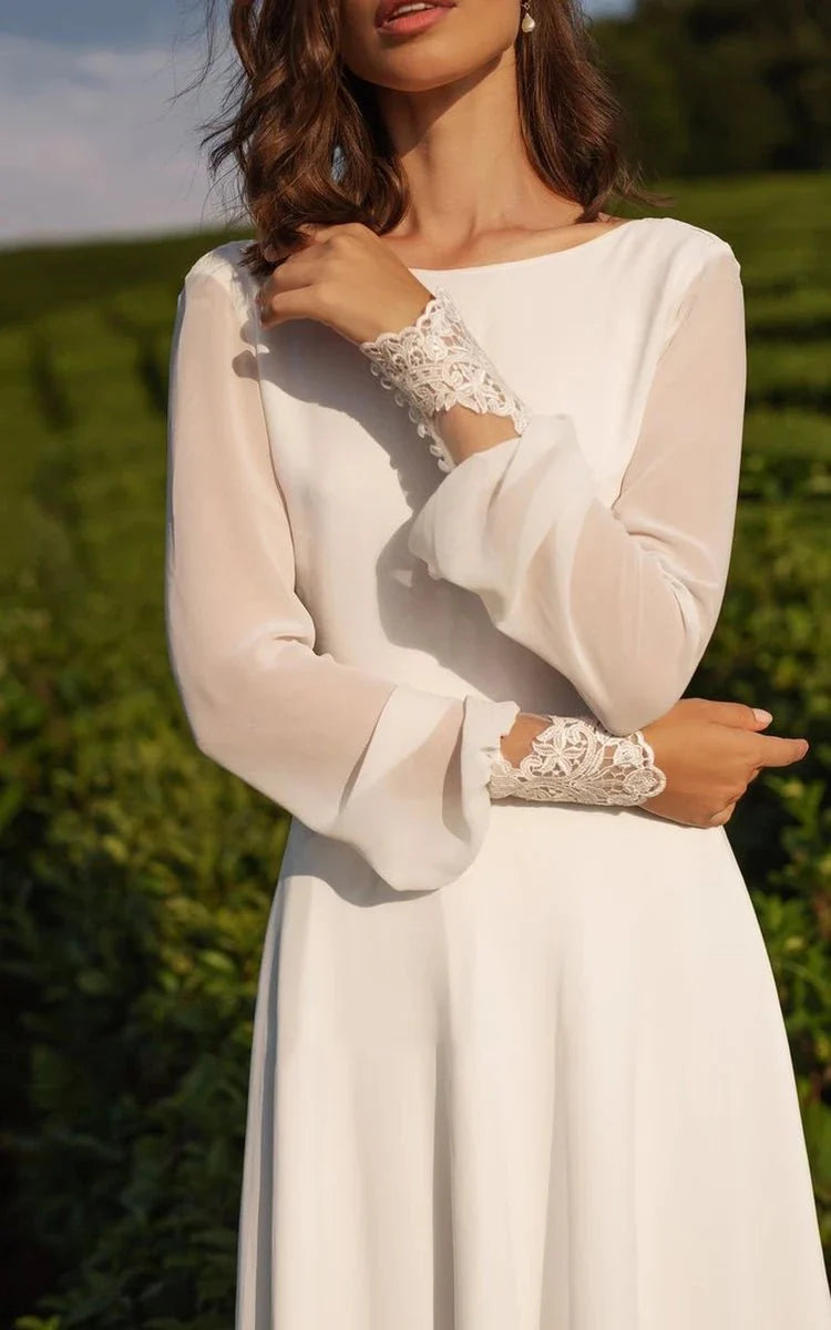 Modest A-Line Long Sleeve Floor Length Train Simple Casual Chiffon Bateau V-Back Wedding Dress, Diamond White / 14