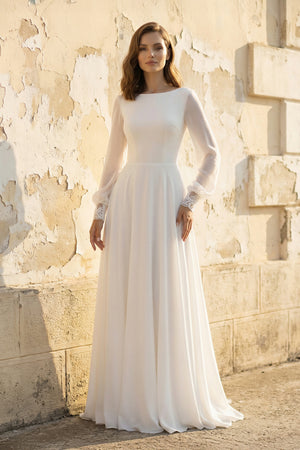 Modest A-Line Long Sleeve Floor Length Train Simple Casual Chiffon Bateau V-Back Wedding Dress, Diamond White / 14