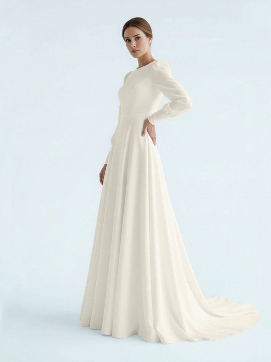 Modest A Line Long Sleeves Wedding Dress Vintage Gown - KissProm