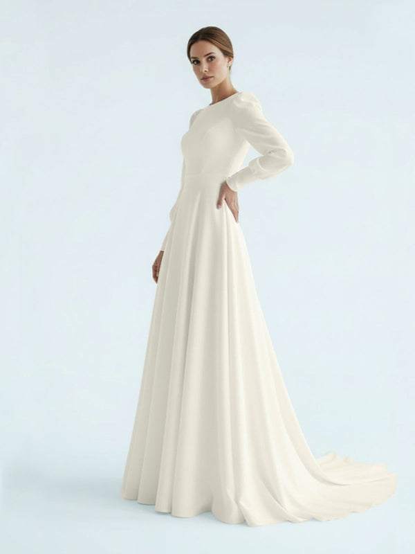 Modest A Line Long Sleeves Wedding Dress Vintage Gown - KissProm
