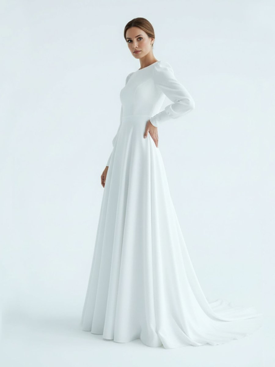 Modest A Line Long Sleeves Wedding Dress Vintage Gown - KissProm