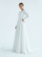 Modest A Line Long Sleeves Wedding Dress Vintage Gown - KissProm