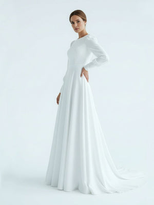 Modest A Line Long Sleeves Wedding Dress Vintage Gown - KissProm