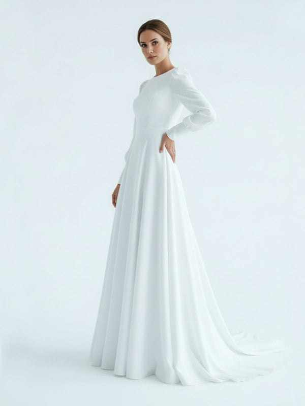 Modest A Line Long Sleeves Wedding Dress Vintage Gown - KissProm