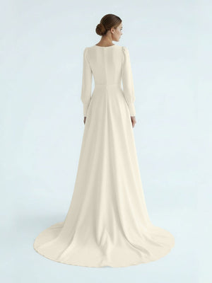 Modest A Line Long Sleeves Wedding Dress Vintage Gown - KissProm