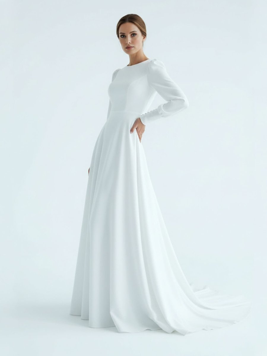 Modest A Line Long Sleeves Wedding Dress Vintage Gown - KissProm