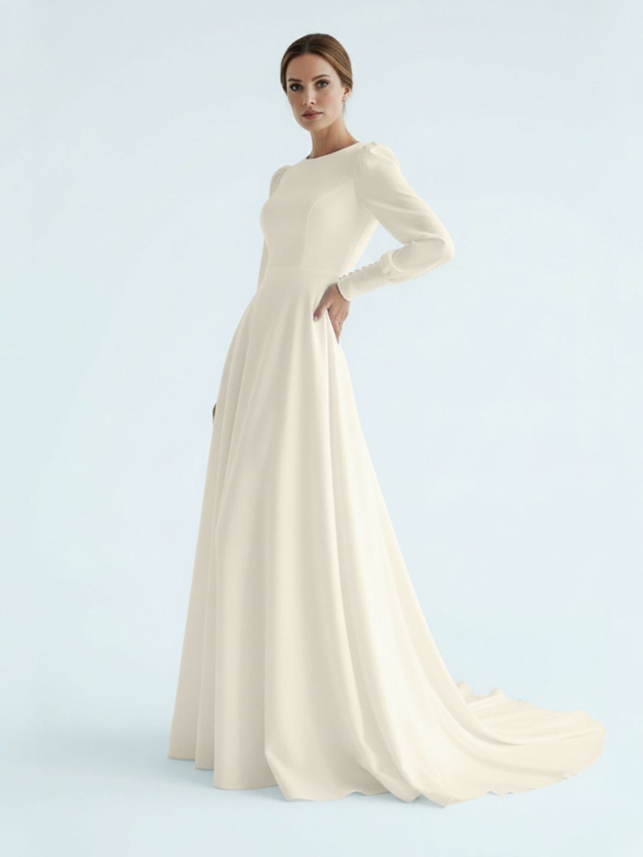long sleeve modest wedding dress Modest A Line Long Sleeves Wedding Dress Vintage Gown Champagne / 20