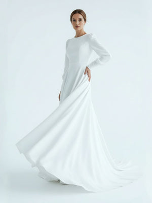 Modest A Line Long Sleeves Wedding Dress Vintage Gown - KissProm