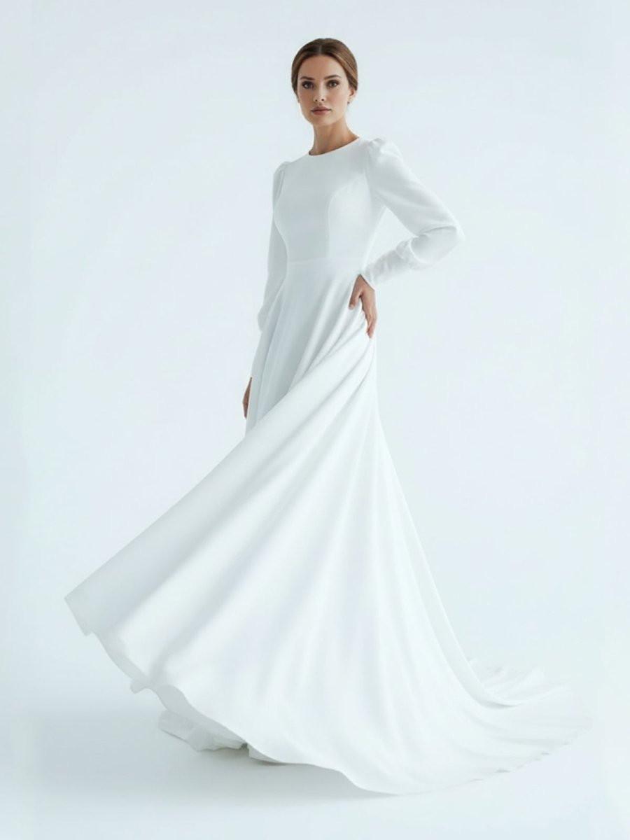 Modest A Line Long Sleeves Wedding Dress Vintage Gown - KissProm