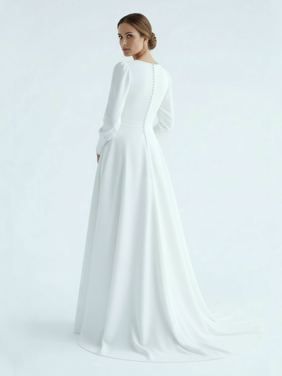 Modest A Line Long Sleeves Wedding Dress Vintage Gown - KissProm