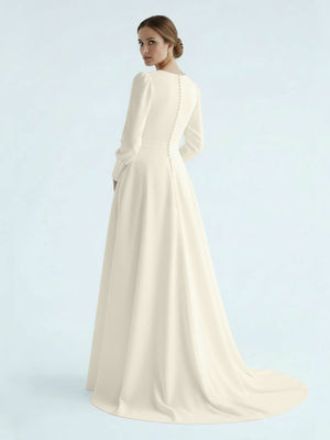 Modest A Line Long Sleeves Wedding Dress Vintage Gown - KissProm