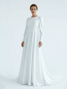 Modest A Line Long Sleeves Wedding Dress Vintage Gown - KissProm