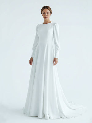 Modest A Line Long Sleeves Wedding Dress Vintage Gown - KissProm