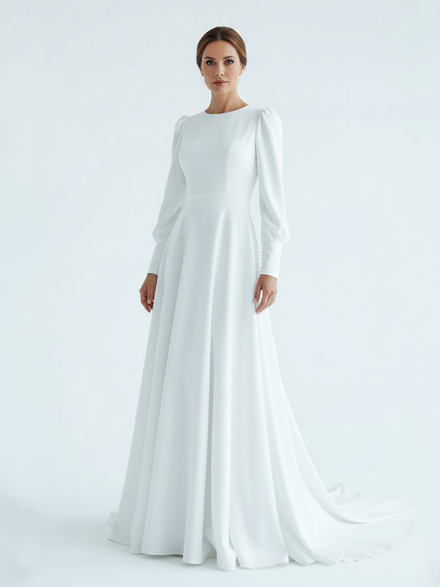 Modest A Line Long Sleeves Wedding Dress Vintage Gown - KissProm