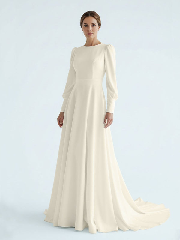 Modest A Line Long Sleeves Wedding Dress Vintage Gown - KissProm