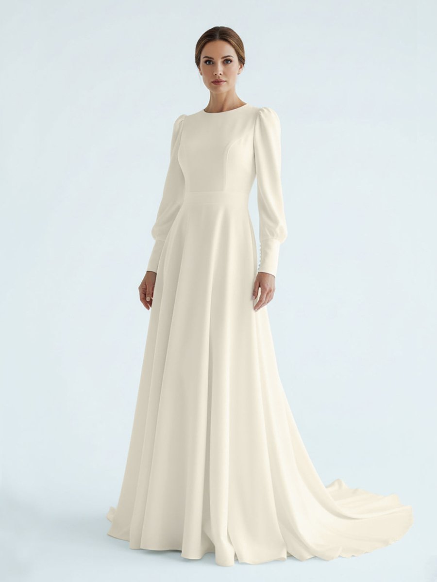 Modest A Line Long Sleeves Wedding Dress Vintage Gown - KissProm