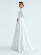 Modest A Line Long Sleeves Wedding Dress Vintage Gown - KissProm