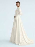 Modest A Line Long Sleeves Wedding Dress Vintage Gown - KissProm