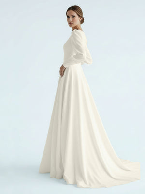 Modest A Line Long Sleeves Wedding Dress Vintage Gown - KissProm