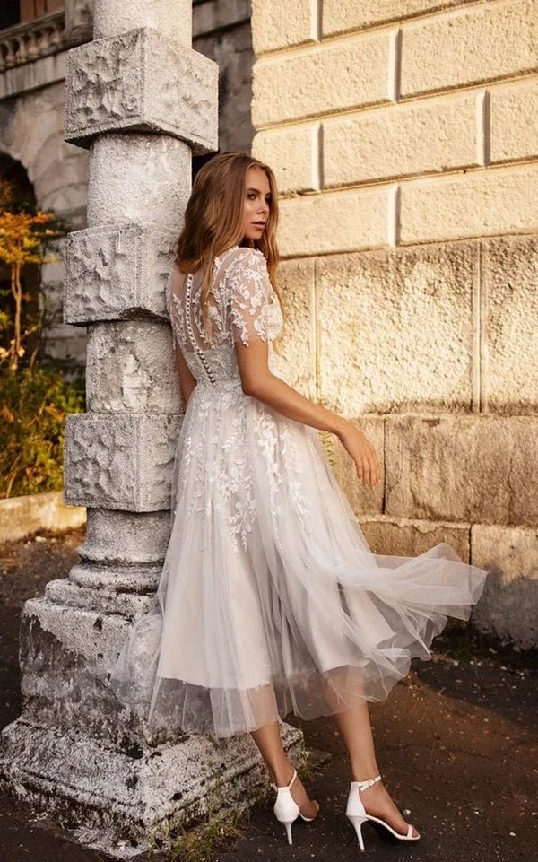KissProm Tea Length Sleeves Ethereal Modern A-Line V-Neck Button Back Wedding Dress, Diamond White / 4