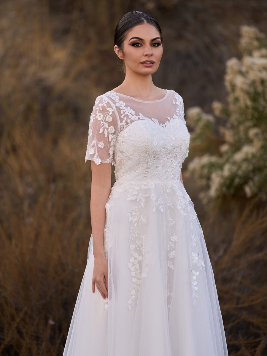 Tea Length Sleeves Ethereal Modern A-Line V-Neck Button Back Wedding D