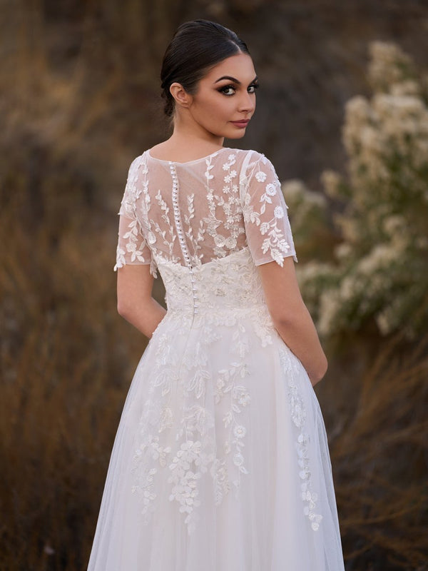 Tea Length Sleeves Ethereal Modern A-Line V-Neck Button Back Wedding D, image size:900x1200