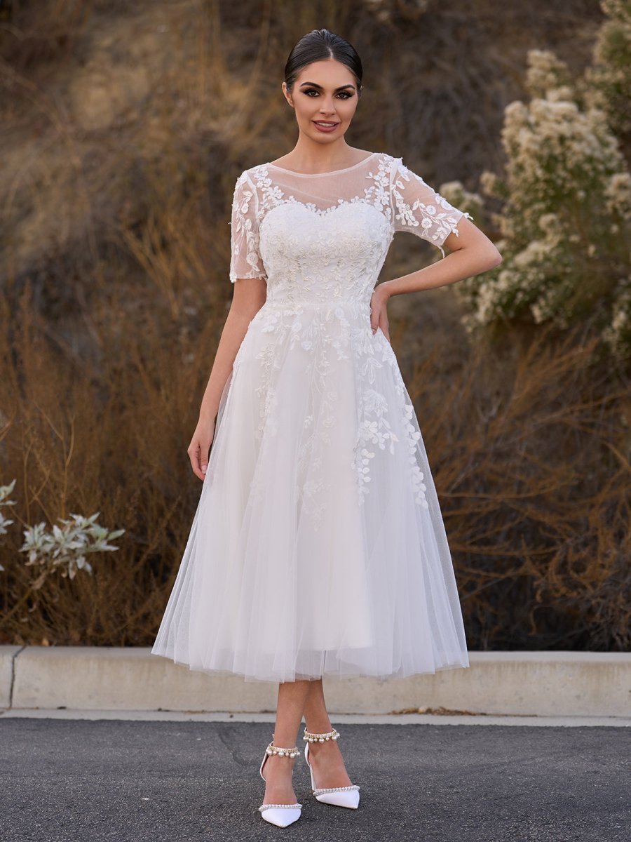 knee length dresses for ladies Tea Length Sleeves Ethereal Modern A-Line V-Neck Button Back Wedding D