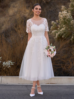 Tea Length Sleeves Ethereal Modern A-Line V-Neck Button Back Wedding D, image size:900x1200