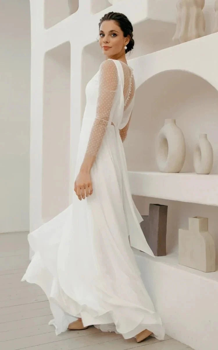omnia nightclub dress code A-Line Chiffon Maxi Wedding Dress Minimalist Sleeved Pearl Button Low