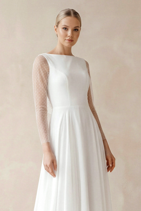 A-Line Chiffon Maxi Wedding Dress Minimalist Sleeved Pearl Button Low Back Bridal Gown – Wedding Dresses by KissProm | Available at KissProm