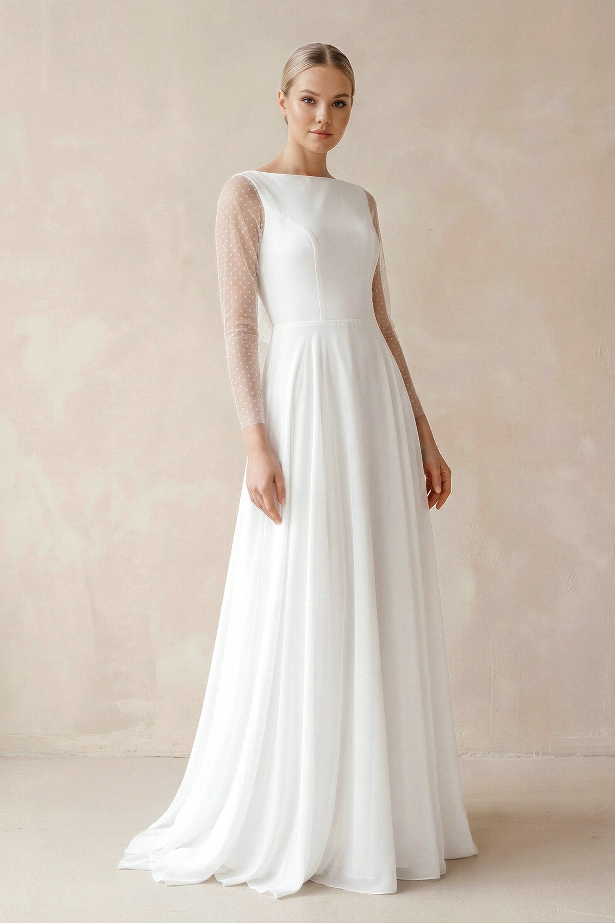 KissProm A-Line Chiffon Maxi Wedding Dress Minimalist Sleeved Pearl Button Low Back Bridal Gown, Diamond White / 6