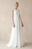 A-Line Chiffon Maxi Wedding Dress Minimalist Sleeved Pearl Button Low Back Bridal Gown – Wedding Dresses by KissProm | Available at KissProm