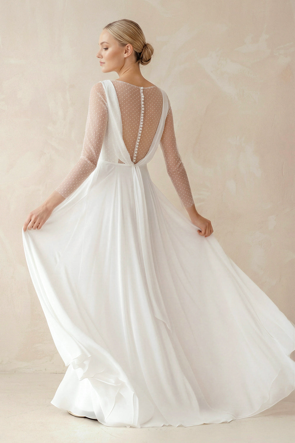 A-Line Chiffon Maxi Wedding Dress Minimalist Sleeved Pearl Button Low Back Bridal Gown – Wedding Dresses by KissProm | Available at KissProm