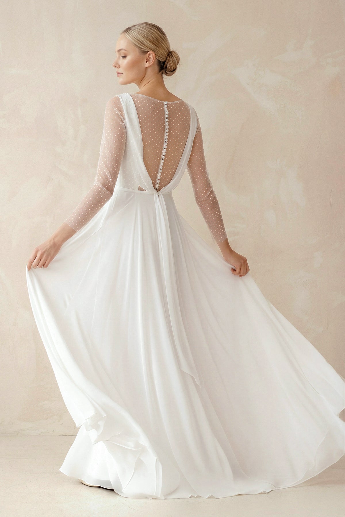 A-Line Chiffon Maxi Wedding Dress Minimalist Sleeved Pearl Button Low