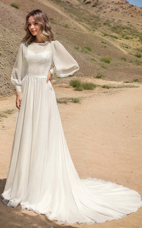 Modest Long Sleeve Casual Rustic A-Line Bateau Neck Wedding Dress Gowns with Train