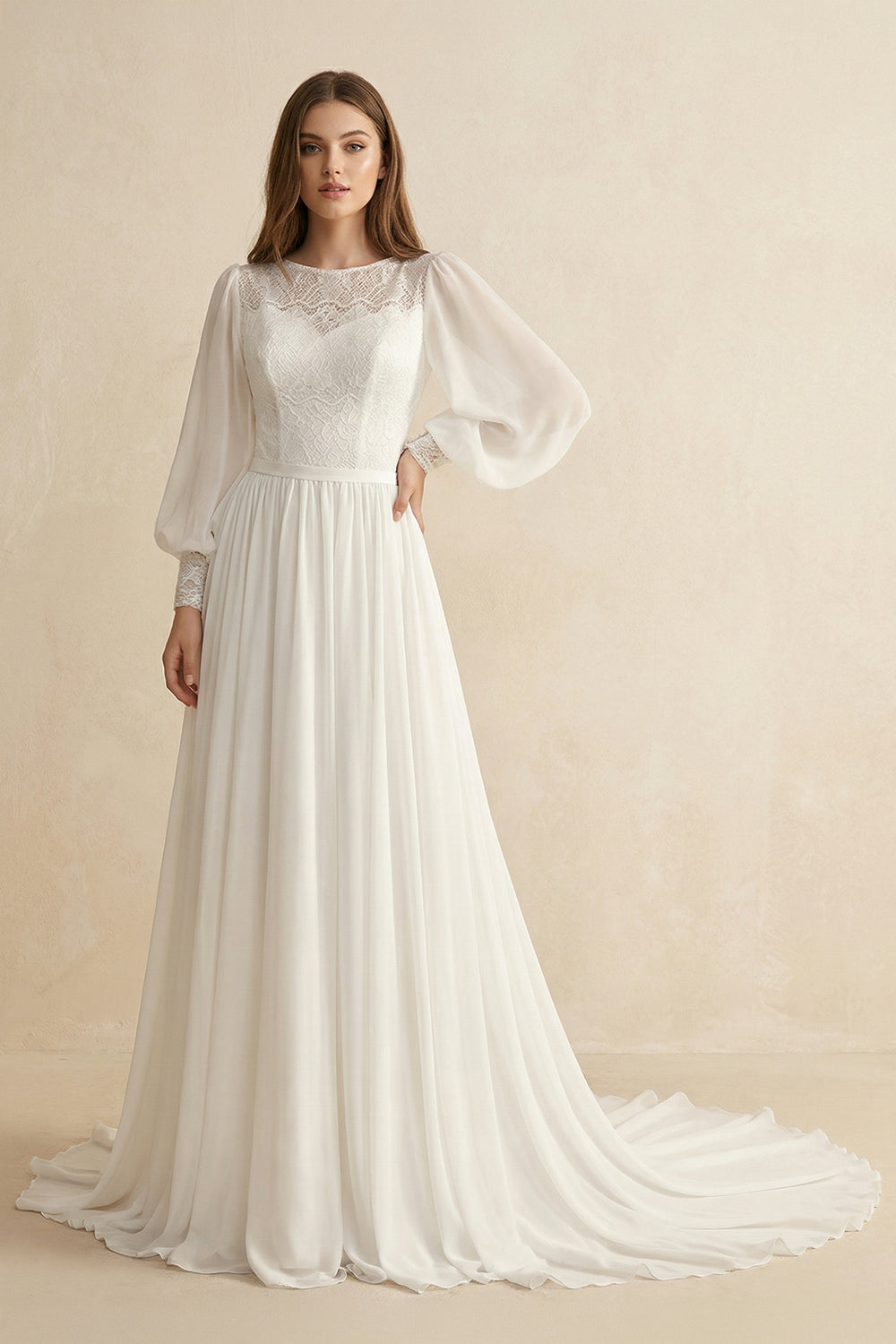 Modest Long Sleeve Casual Rustic A-Line Bateau Neck Wedding Dress Gowns with Train, Diamond White / 18