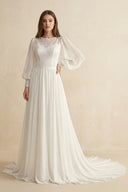 Modest Long Sleeve Casual Rustic A-Line Bateau Neck Wedding Dress Gowns with Train– Wedding Dresses by KissProm | Available at KissProm